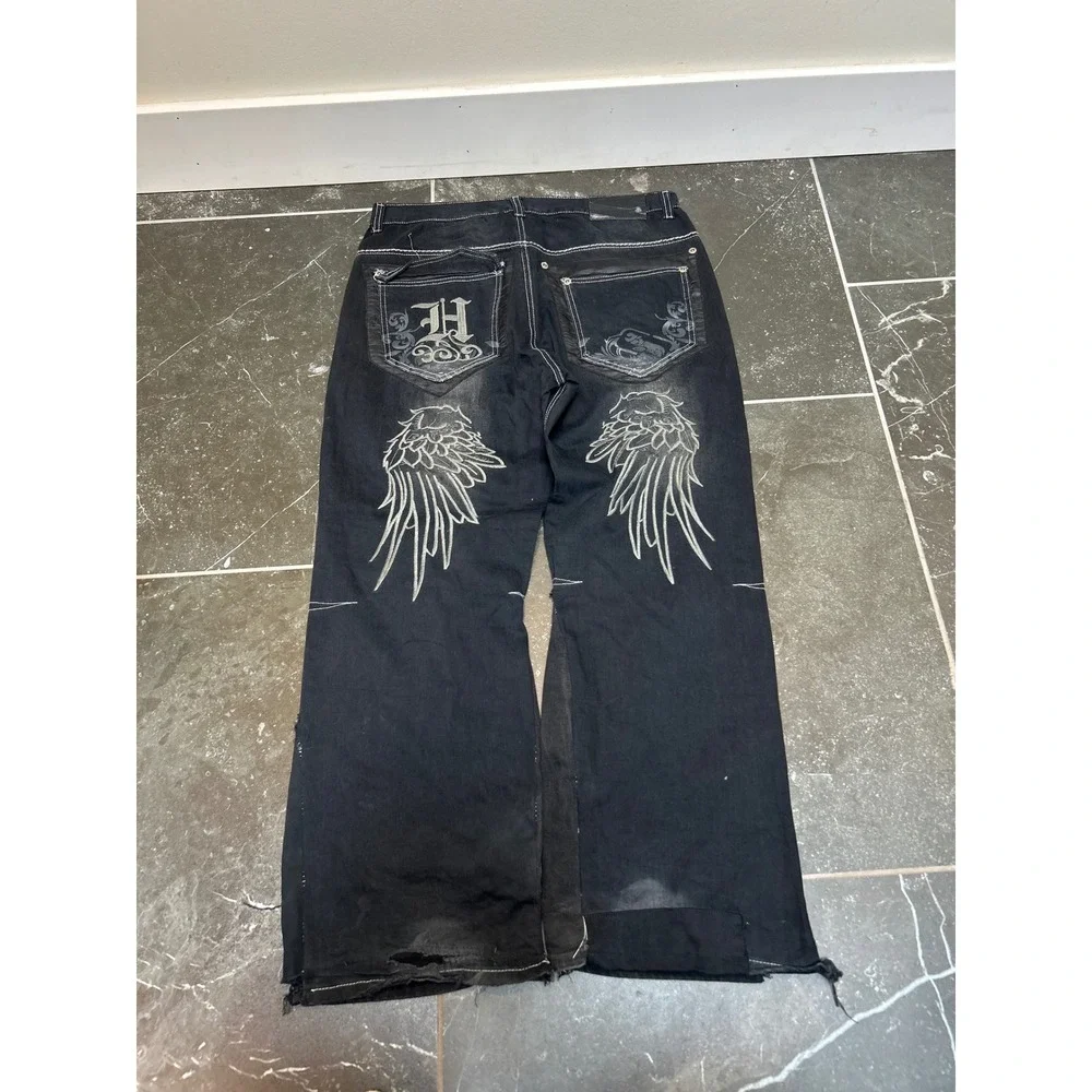 Mens Y2K Embroidered Wing Wide Leg Jeans Black Faded Streetwear 36x32